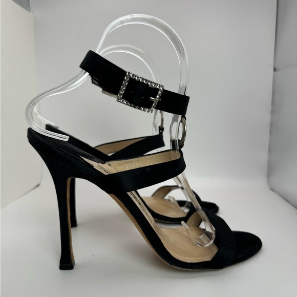 Manolo Blahnik Crystal Buckle & Ring Black Suede Open Toe Sandal Heel - Size 38 - Picture 9 of 12